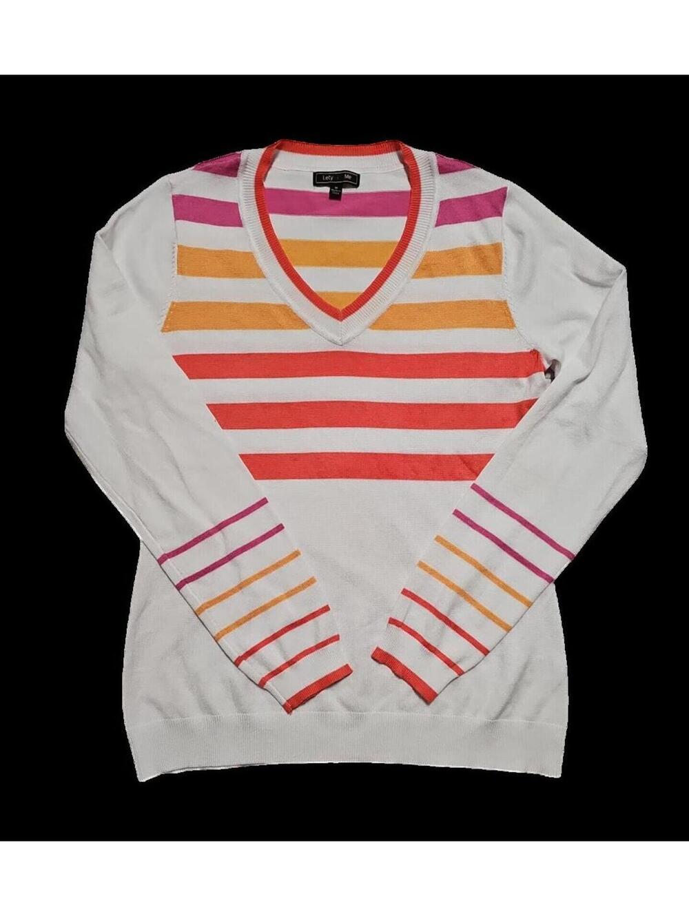 Y2K Women Lety & Me Striped V‑Neck Sweater M – Pink Orange Red Knit Stripes